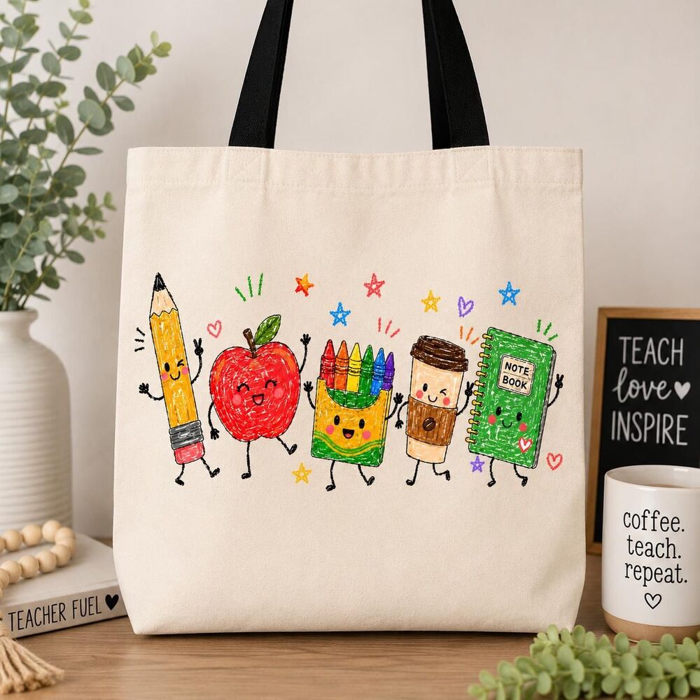 Teacher Canvas Tote Bag | School Supplies Graphic, Back to School Accessory